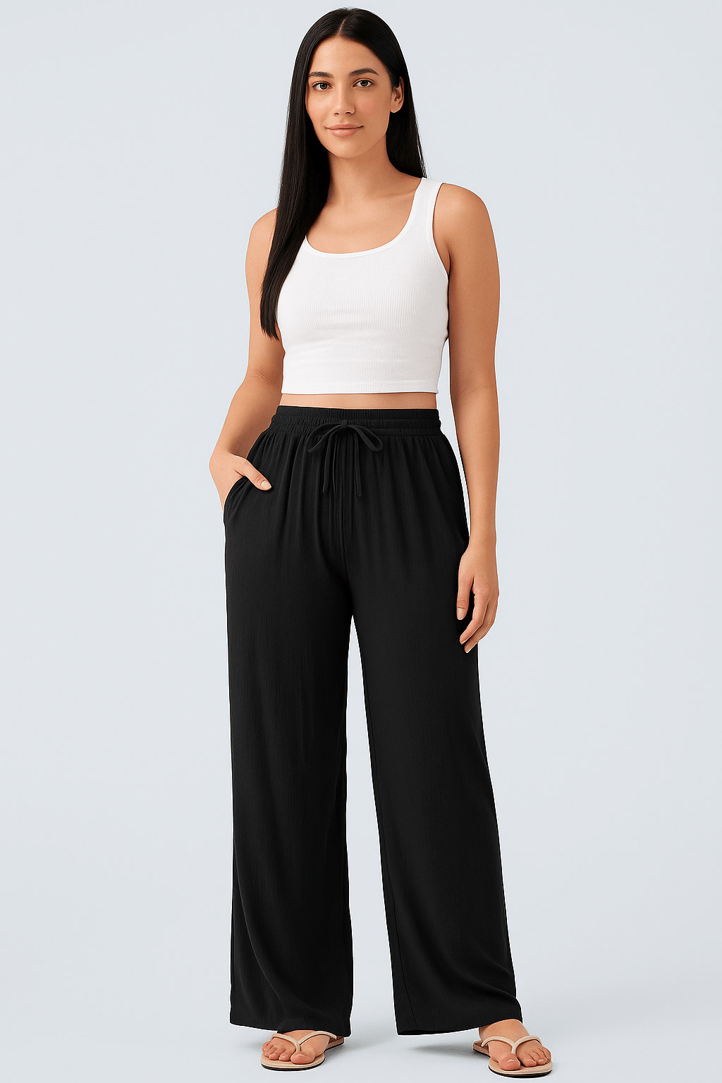 Broek met hoge taille en koordzakken met brede pijpen - Zovora