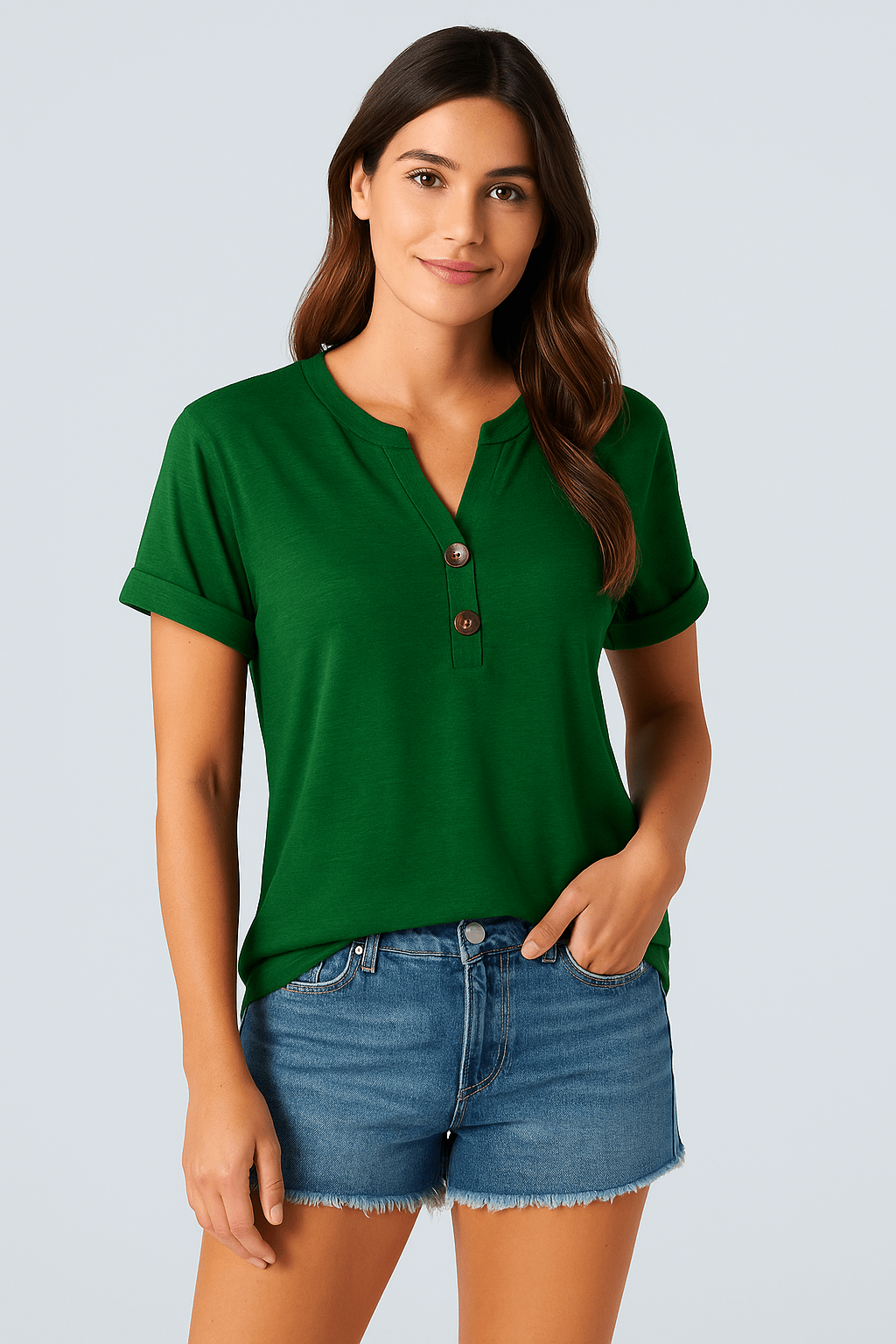 T-shirt met knoopdetail en V - hals mouwen - Zovora
