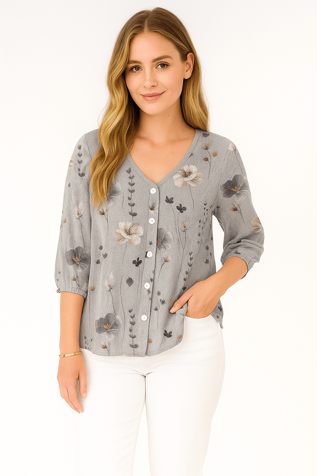 Blouse met bloemenprint, 3/4 mouw en elegante V - hals - Zovora