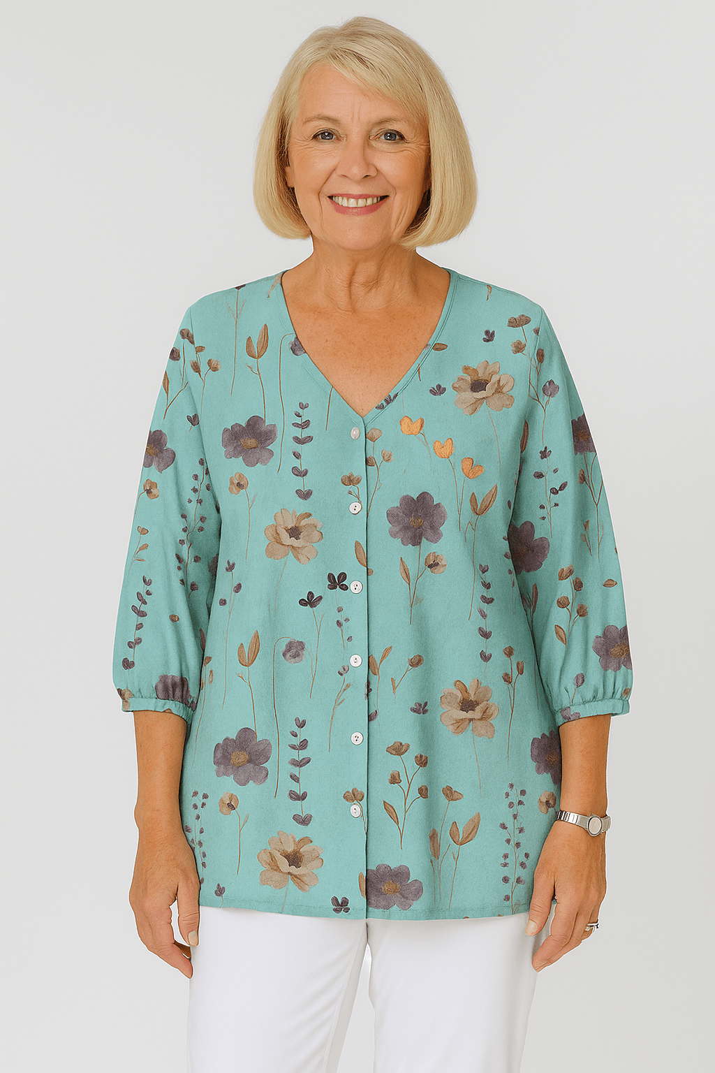 Blouse met bloemenprint, 3/4 mouw en elegante V - hals - Zovora
