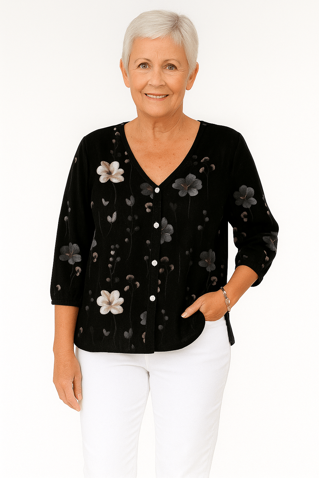 Blouse met bloemenprint, 3/4 mouw en elegante V - hals - Zovora