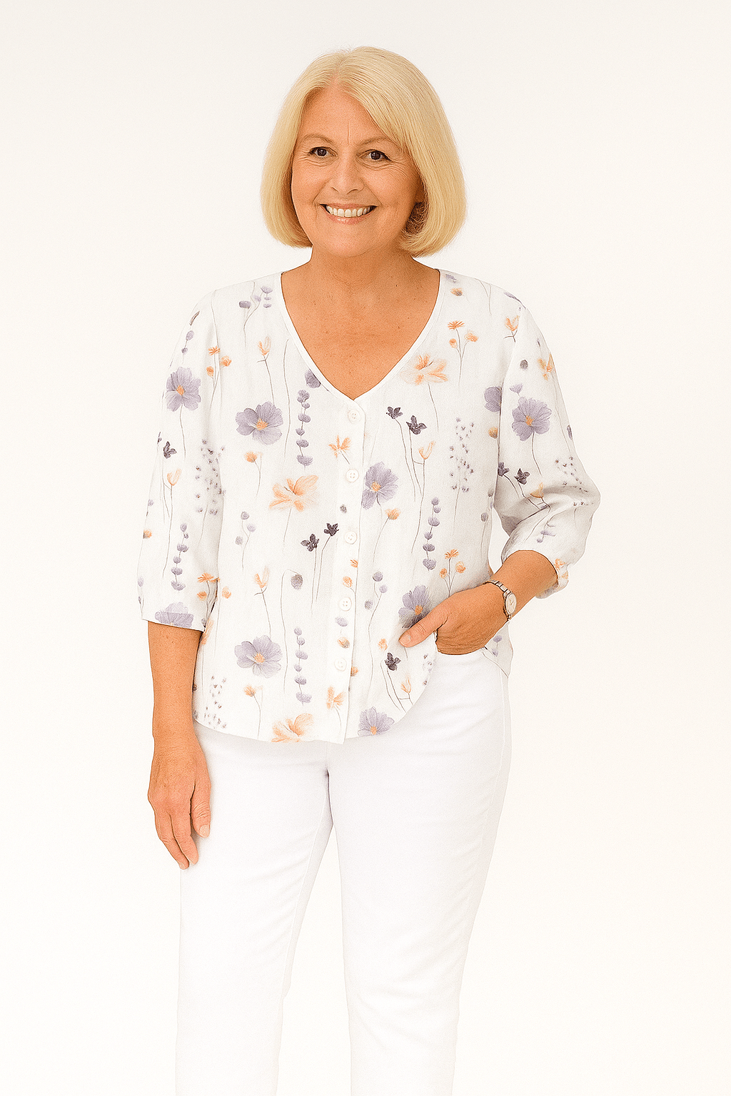 Blouse met bloemenprint, 3/4 mouw en elegante V - hals - Zovora