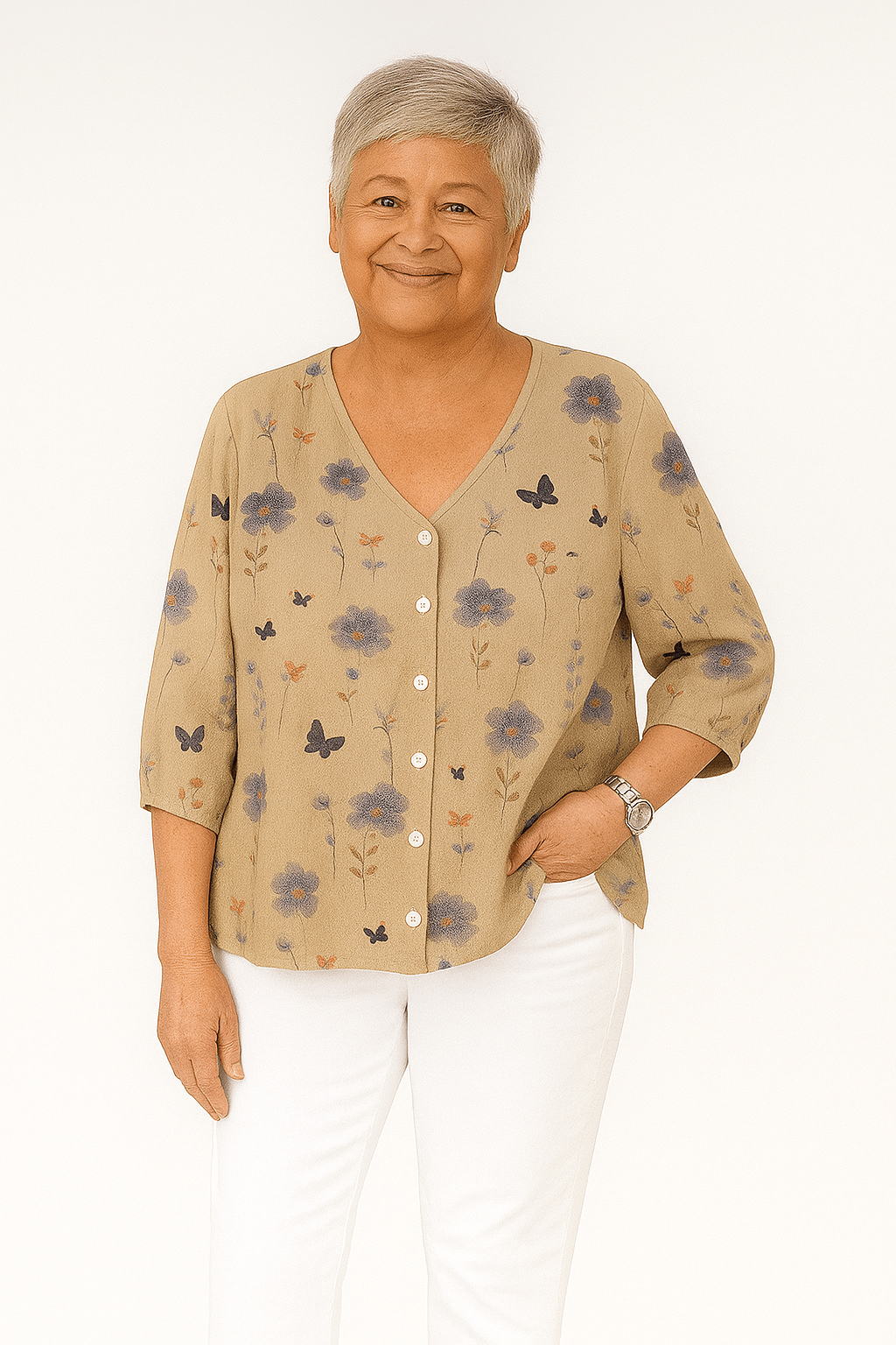 Blouse met bloemenprint, 3/4 mouw en elegante V - hals - Zovora