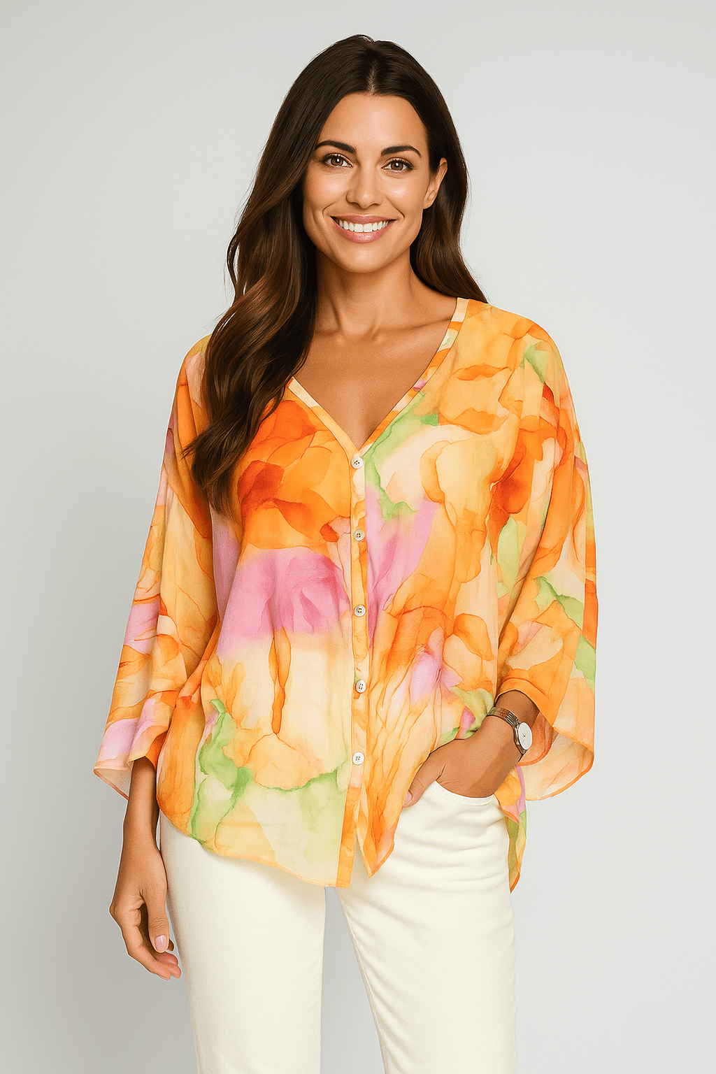 Blouse met V - hals, kleurrijke aquarelprint, vlindermouwen - Zovora