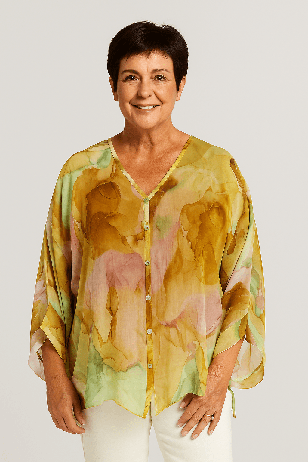 Blouse met V - hals, kleurrijke aquarelprint, vlindermouwen - Zovora