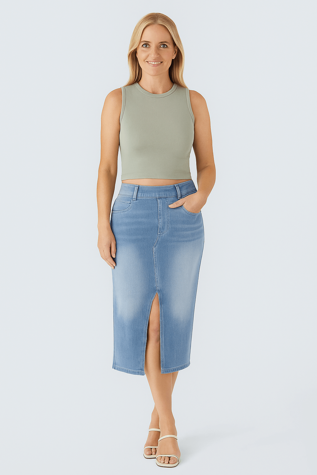 High Waisted Bodycon Split Denim Rok - Zovora