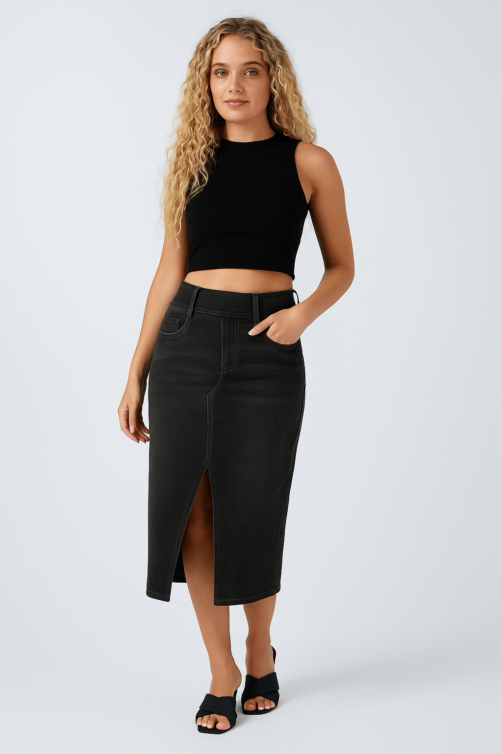 High Waisted Bodycon Split Denim Rok - Zovora