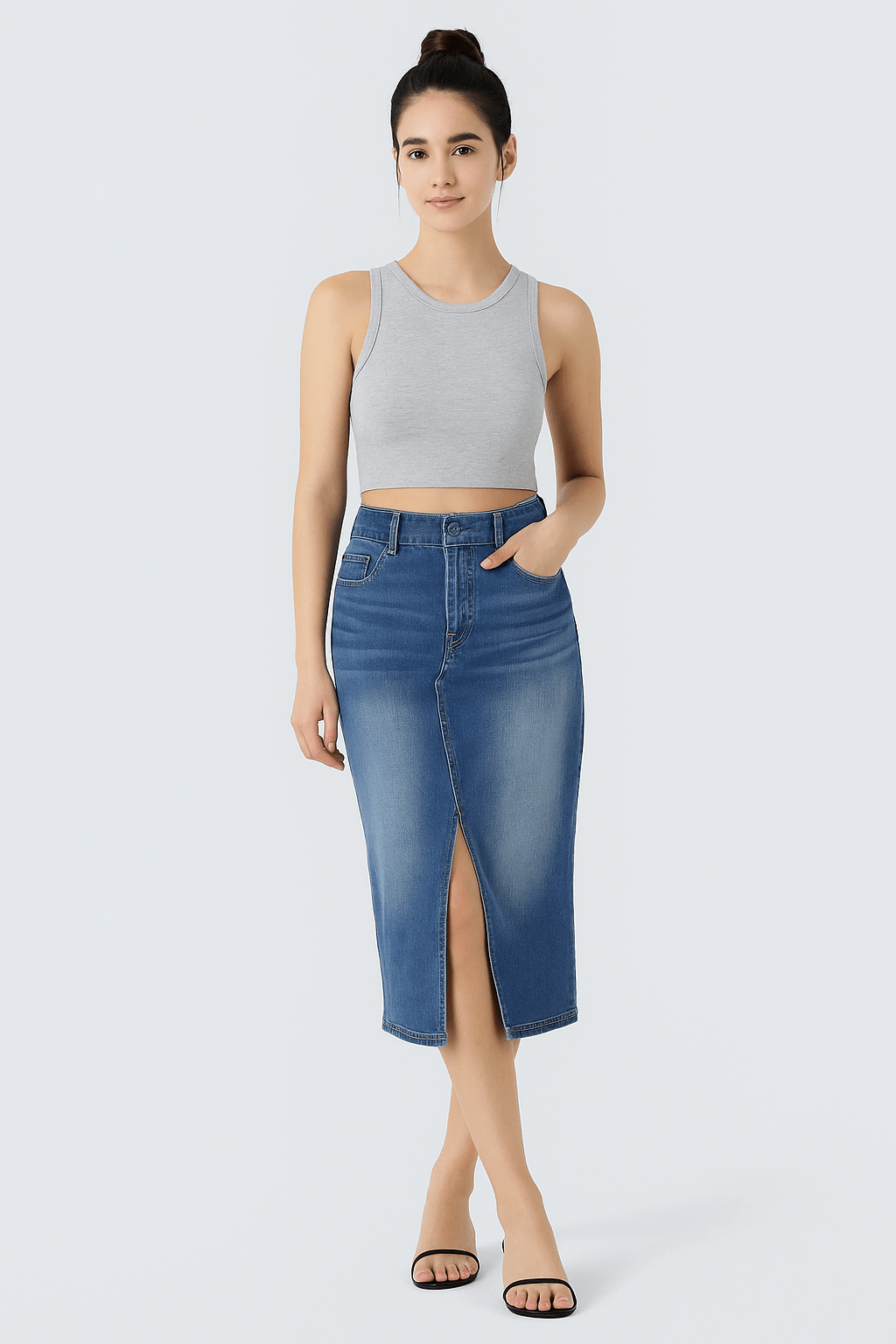High Waisted Bodycon Split Denim Rok - Zovora