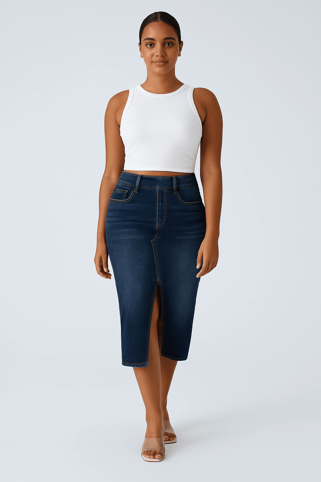 High Waisted Bodycon Split Denim Rok - Zovora