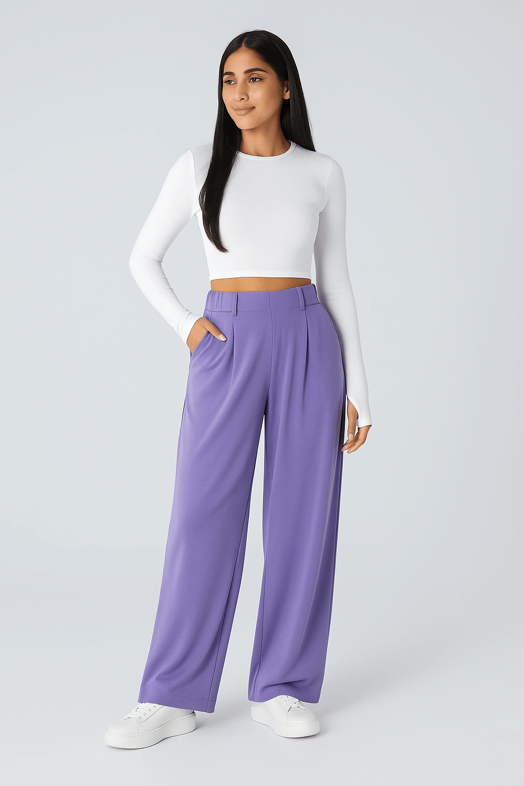 Hoge taille broek met zijzakken en wijde pijpen - Zovora