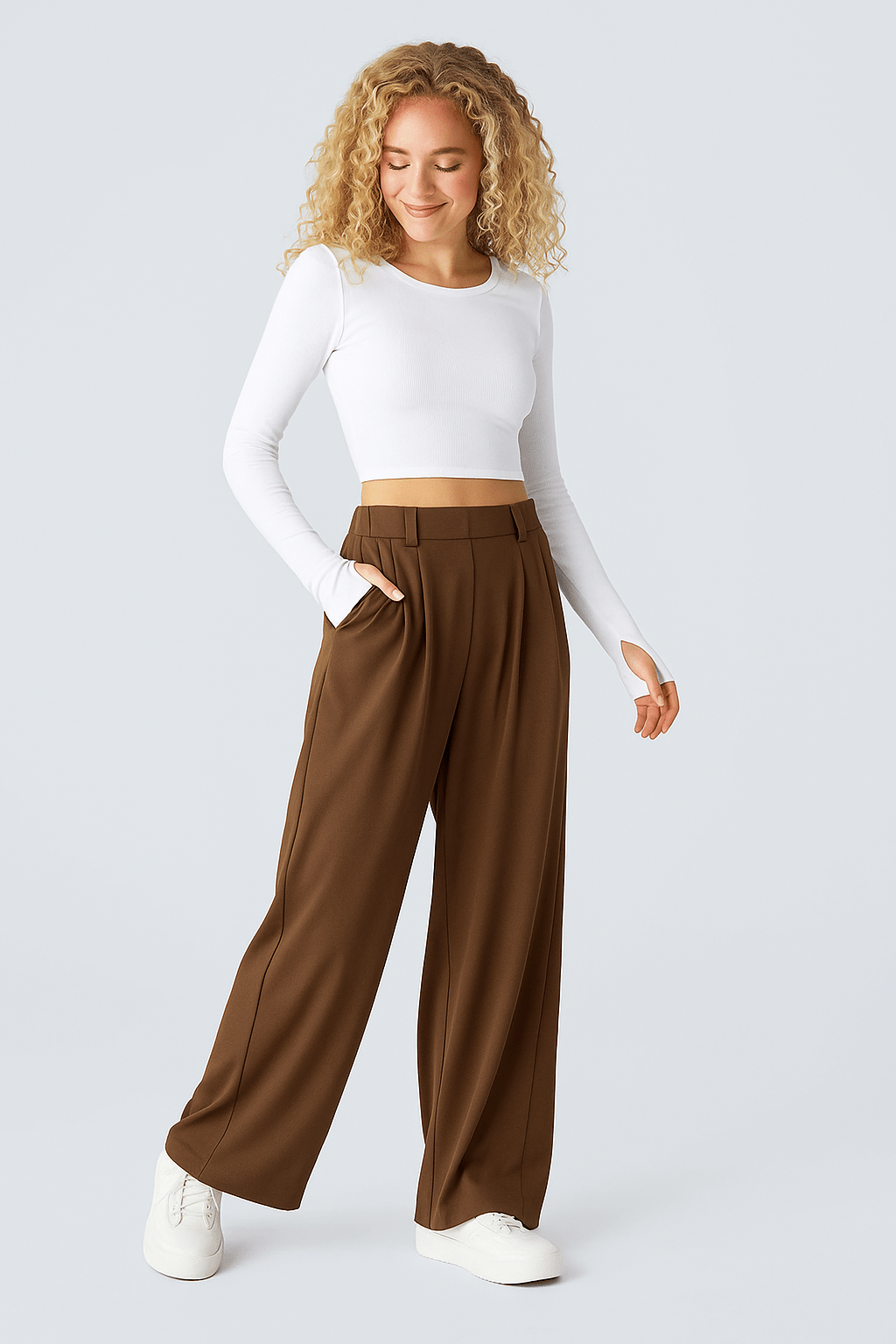 Hoge taille broek met zijzakken en wijde pijpen - Zovora