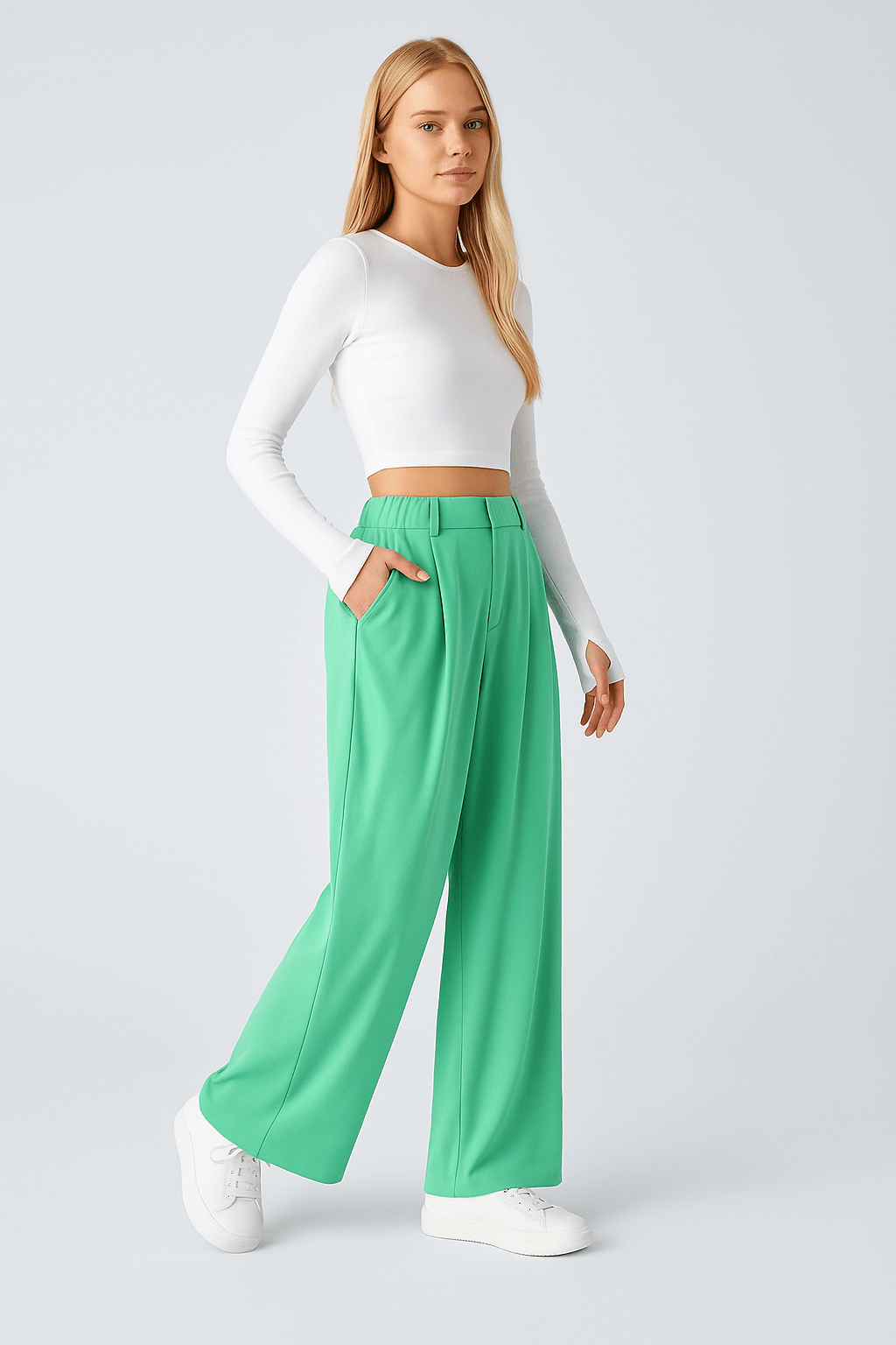 Hoge taille broek met zijzakken en wijde pijpen - Zovora