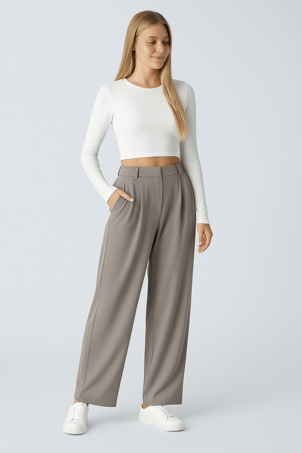 Hoge taille broek met zijzakken en wijde pijpen - Zovora