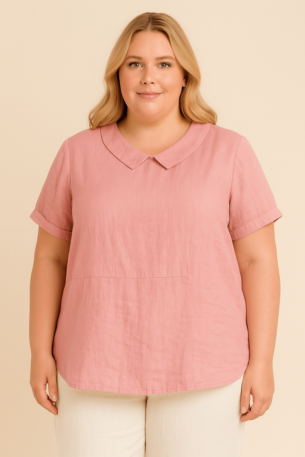 Linnen blouse met ronde kraag, opgerolde mouwtjes - Zovora