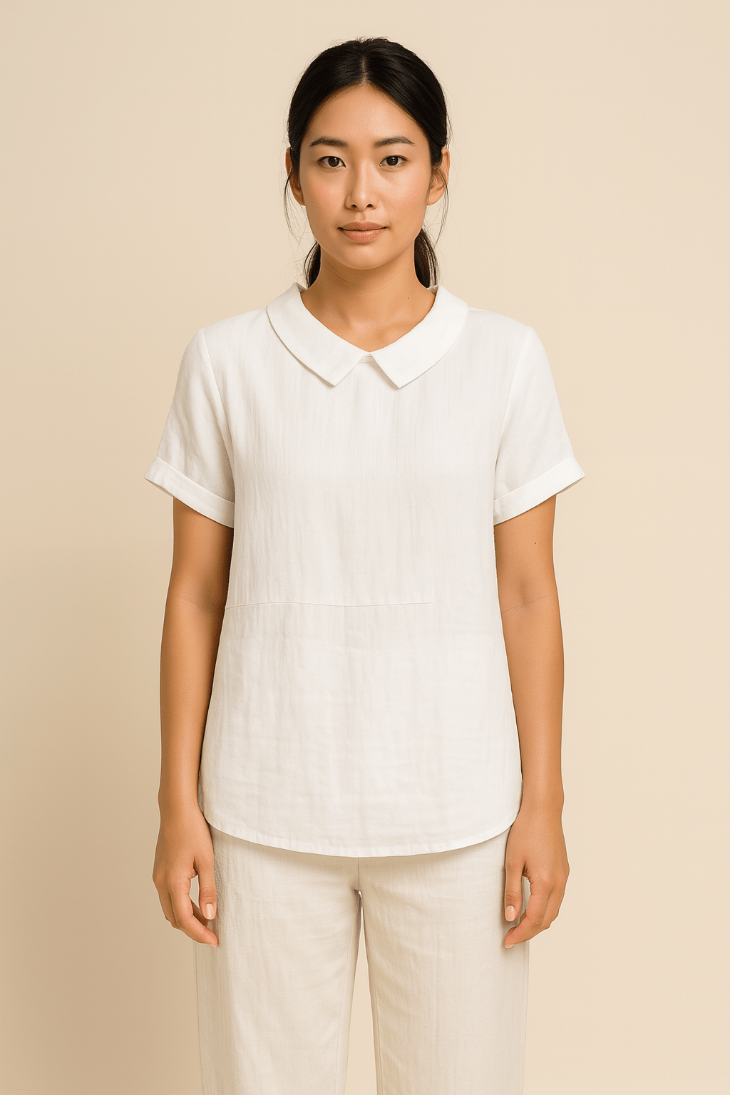 Linnen blouse met ronde kraag, opgerolde mouwtjes - Zovora