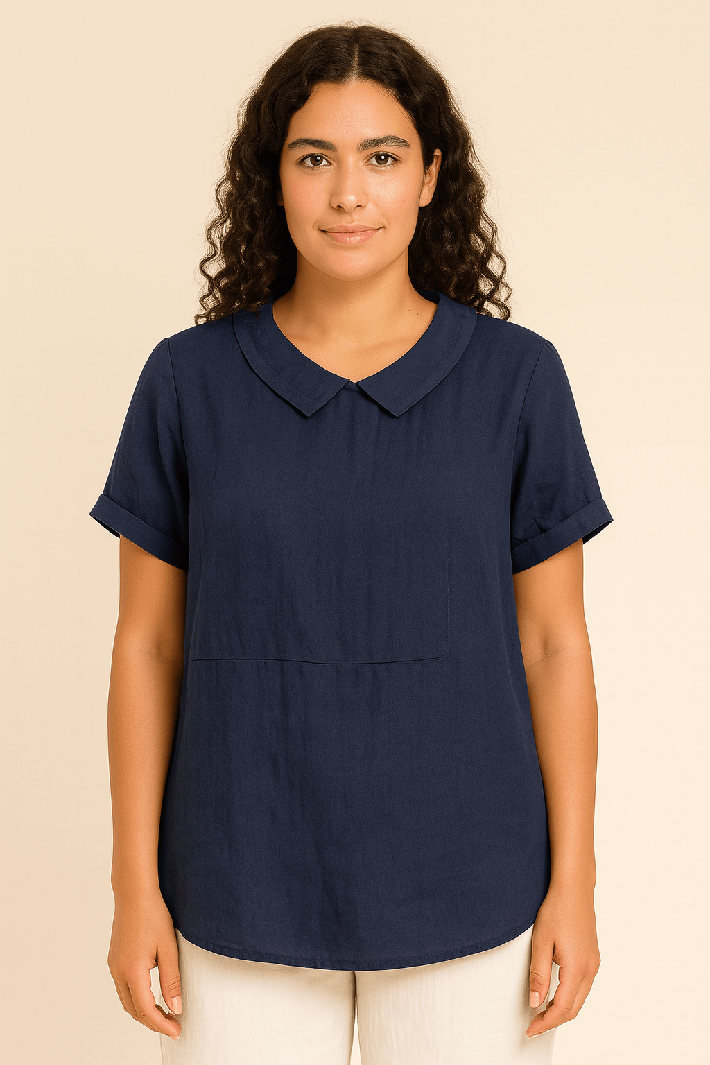 Linnen blouse met ronde kraag, opgerolde mouwtjes - Zovora