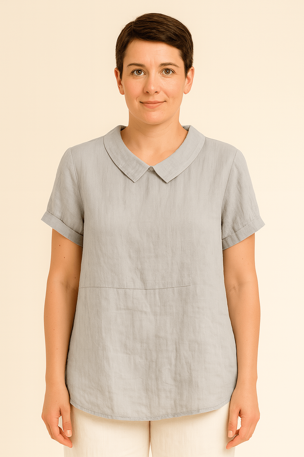 Linnen blouse met ronde kraag, opgerolde mouwtjes - Zovora