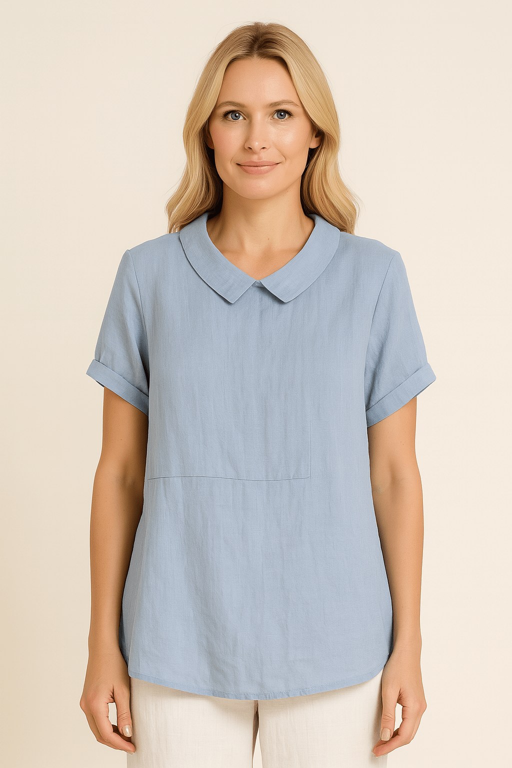 Linnen blouse met ronde kraag, opgerolde mouwtjes - Zovora