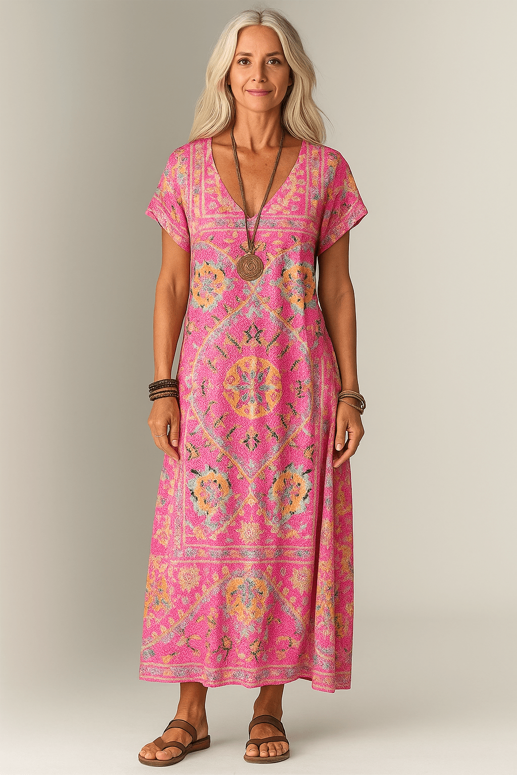 Luchtige midi - jurk met V - hals, boho stijl - Zovora