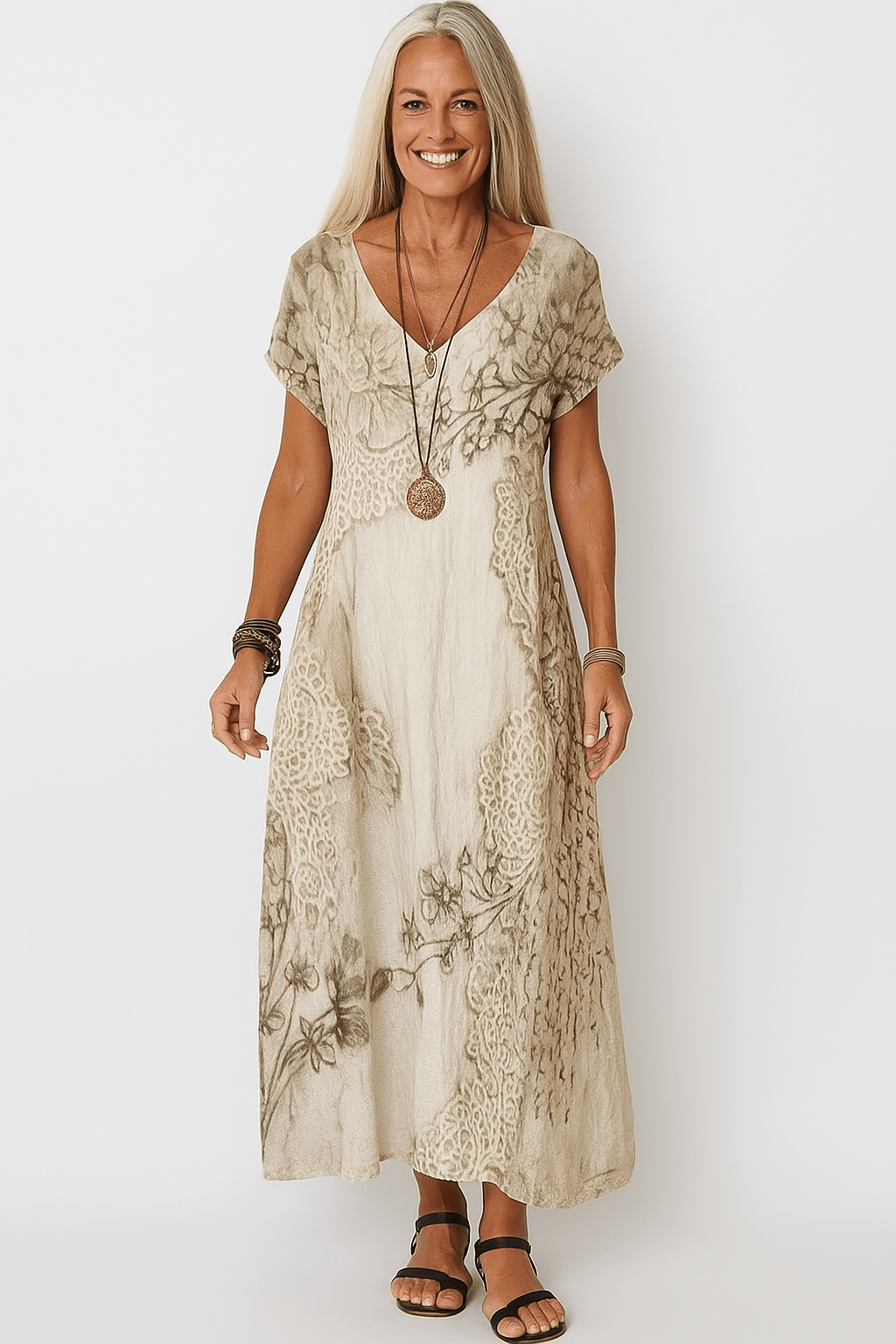 Luchtige midi - jurk met V - hals, boho stijl - Zovora