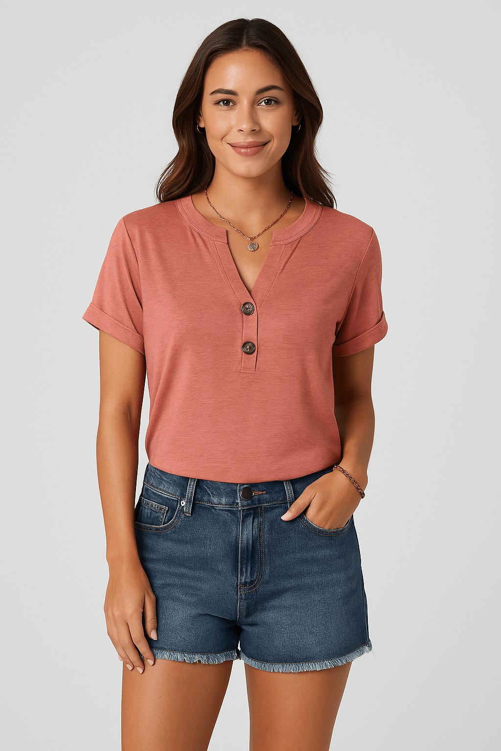 T-shirt met knoopdetail en V - hals mouwen - Zovora