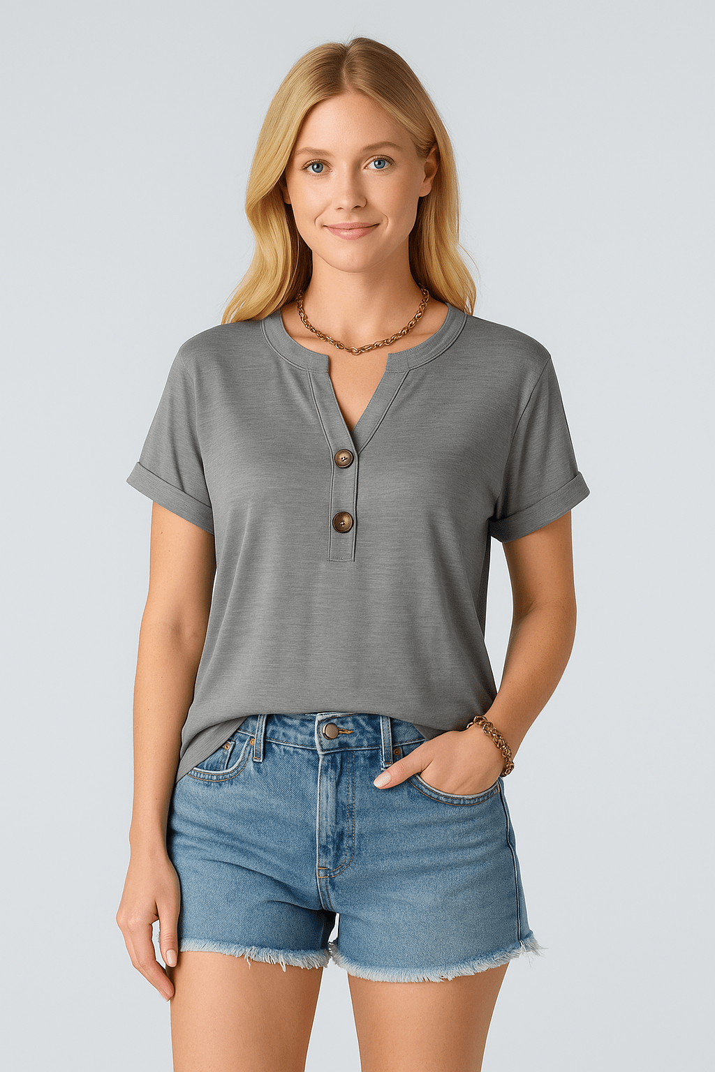 T-shirt met knoopdetail en V - hals mouwen - Zovora