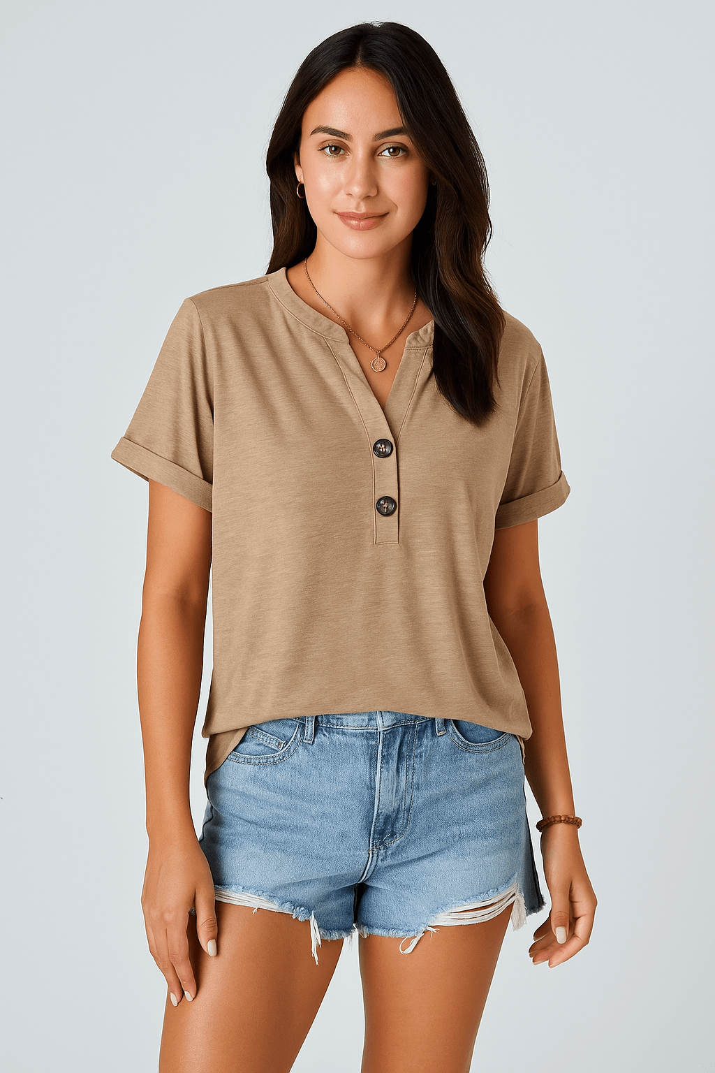 T-shirt met knoopdetail en V - hals mouwen - Zovora