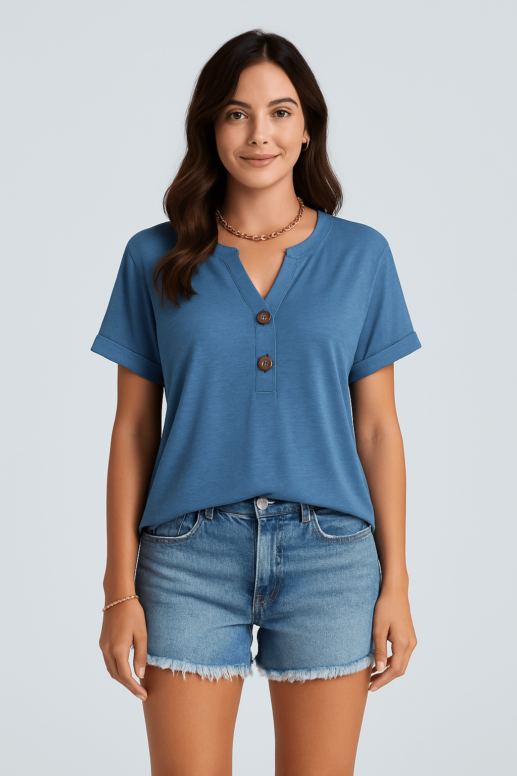 T-shirt met knoopdetail en V - hals mouwen - Zovora