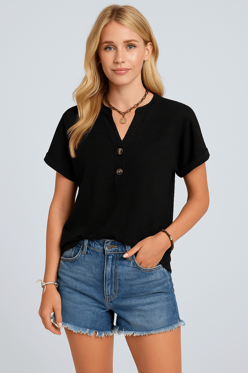 T-shirt met knoopdetail en V - hals mouwen - Zovora