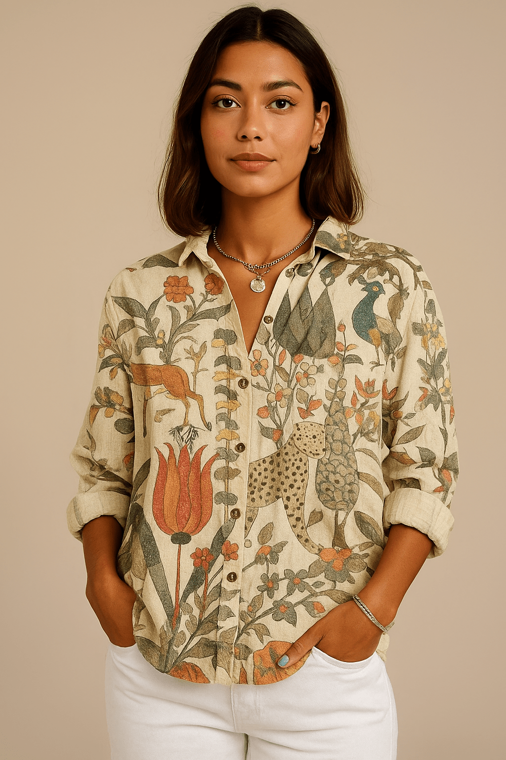 V - hals blouse in stijlvolle prints, knoopsluiting en zakken - Zovora