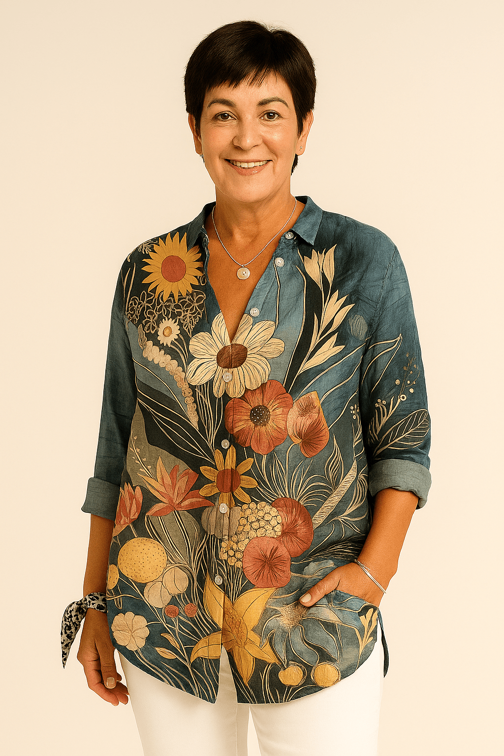 V - hals blouse in stijlvolle prints, knoopsluiting en zakken - Zovora