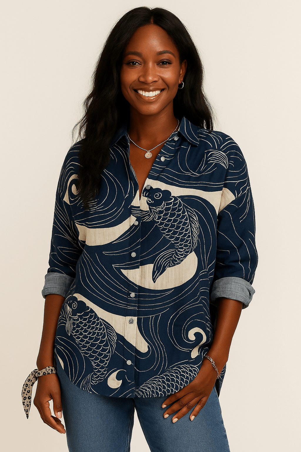V - hals blouse in stijlvolle prints, knoopsluiting en zakken - Zovora
